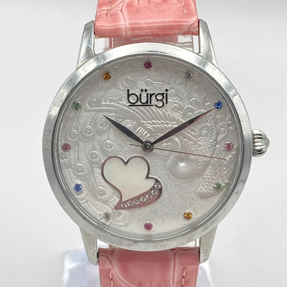 Burgi Women's Watch 36mm Silver Tone MOP Peacock Rainbow Crystals New Battery